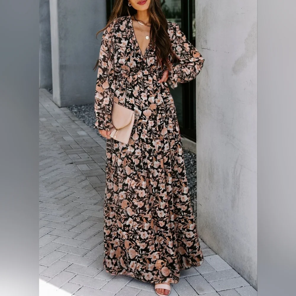 Floral Black & Tan Dress - Picture 1 of 7